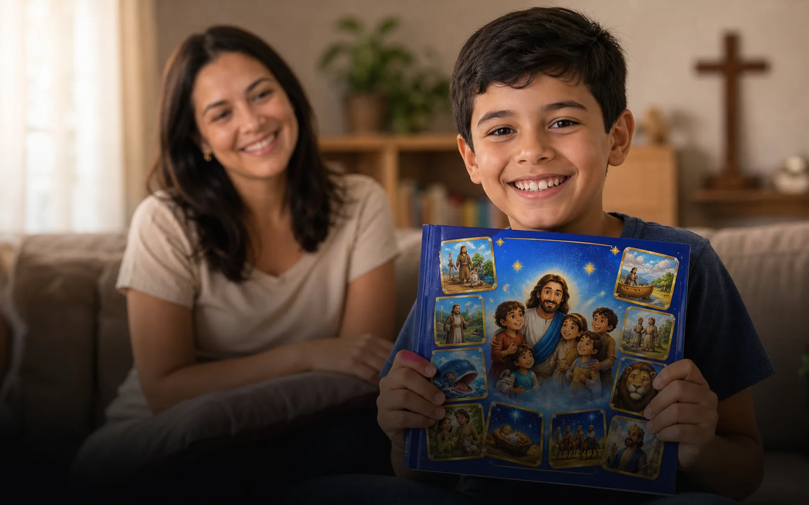 Criança sorrindo com o Álbum de Figurinhas Bíblicas em casa