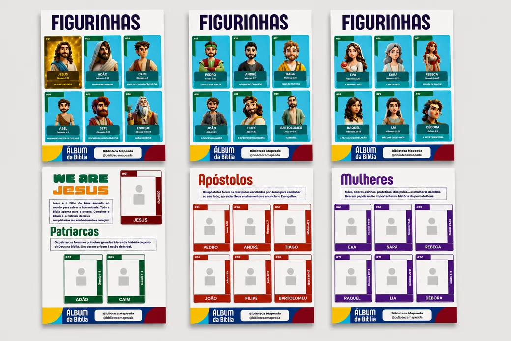 Páginas internas do Álbum de Figurinhas Bíblicas com várias figurinhas coladas