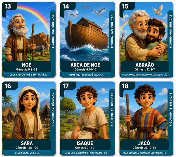 Figurinhas de Noé, Abraão e Jacó, cartelas 13 a 18