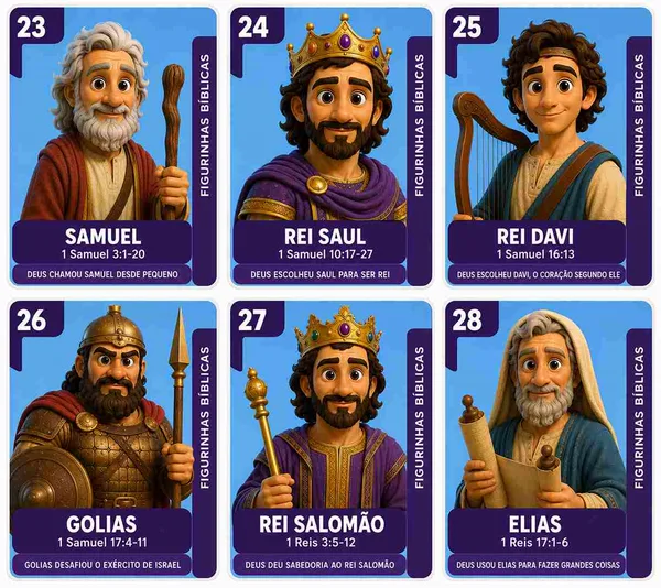 Figurinhas de Davi, Salomão e Elias, cartelas 23 a 28